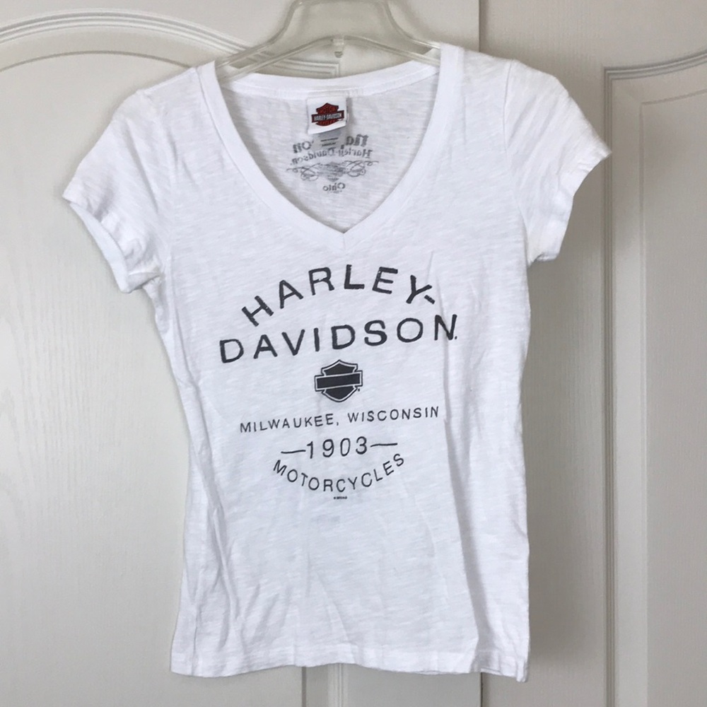 White Harley Davidson v neck tee